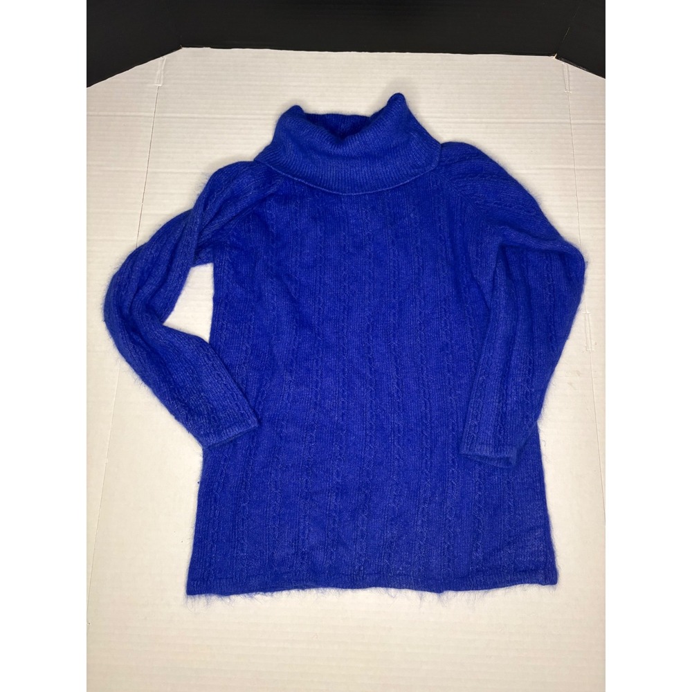 Vintage Worthington Royal Blue Cable Knit Turtleneck Sweater Silk Angora Blend